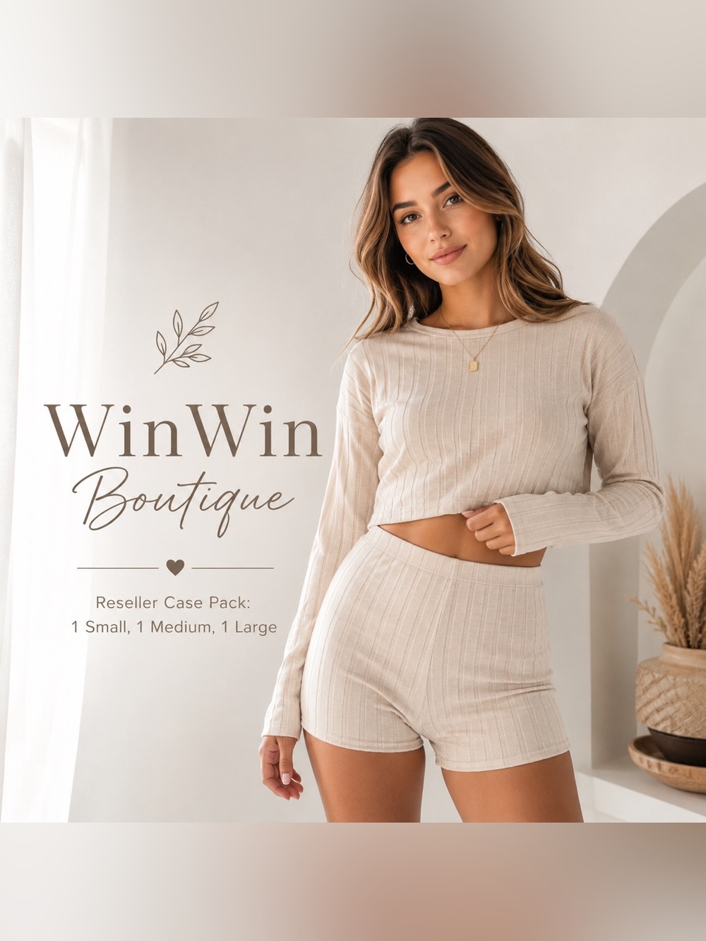 WinWin Boutique 3 Pack Ribbed Crop Top & Oatmeal Shorts Sets S, M, & L NWOT